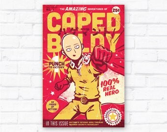 One Punch Man Caped Baldy Art Poster | Saitama Retro Hero Comic Manga Anime Print