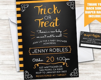 Halloween Baby Shower Invitation Invite Digital Sprinkle Trick or Treat Orange Black 5x7 Diaper Raffle