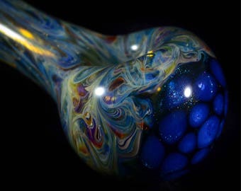Hand Blown Psychedelic Glass Smoking Pipe in Neptune's Crown Sparkle Honeycomb