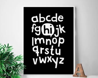 Hi, Alphabet poster, baby room decor, abc poster, black white, Scandinavian, playroom art, abc flash cards, nursery decor, digital download