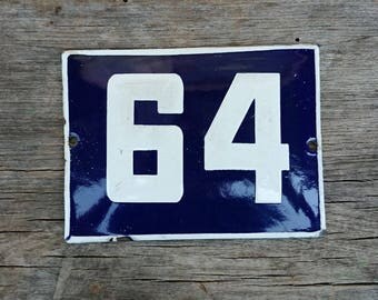 Salvaged Vintage blue & white porcelain enamel house Number 64 sign