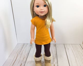 14.5 Inch Doll Clothes- mustard top, maroon leggings, and doll shoes fits Dolls Like Wellie Wishers doll clothes