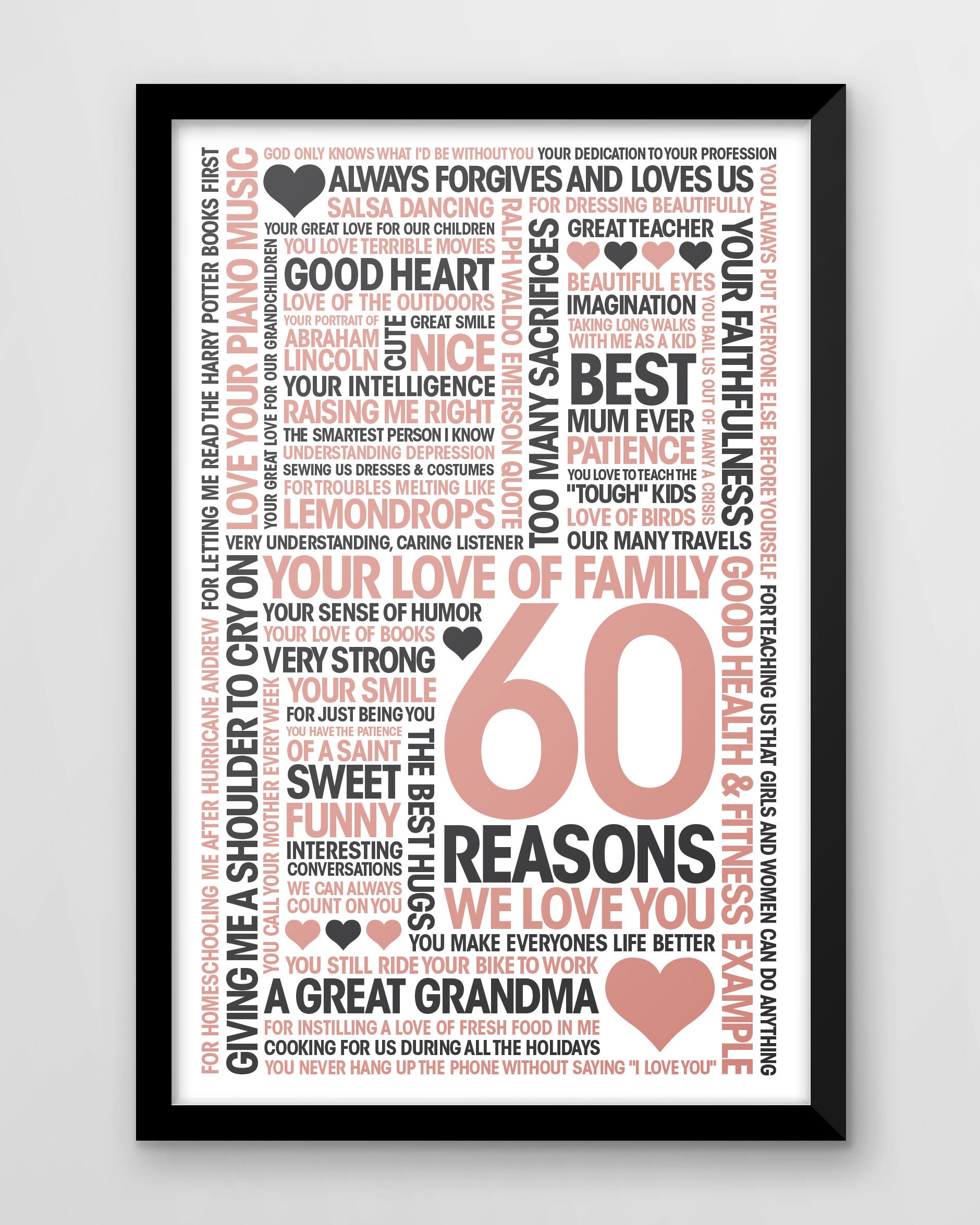 60th Birthday Print 60 Reasons We Love You Personalised