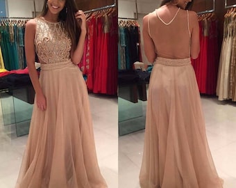 Stunning Dress with Scoop Neckline Pearls /Beaded / Floor Length Sleeveless Prom Dress / Evening Dress