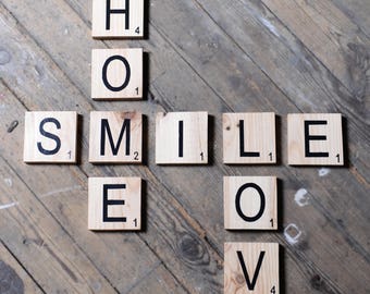 Lettres scrabble en bois massif - création sur commande - home, love, smile ou autre mots - scrabble letters massive wood, fully handmade