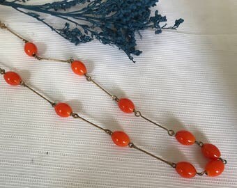 Antique Orange Bead and Gold Metal Choker Necklace - Antique Choker necklace featuring orange beads