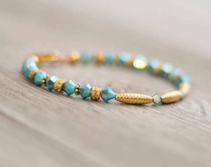 Turquoise Swarovski Crystal Bracelet, Gold Plated Crystal Bracelet, Unique birthday Gift, Gift for Her, Spring Bracelet, Easter Gift