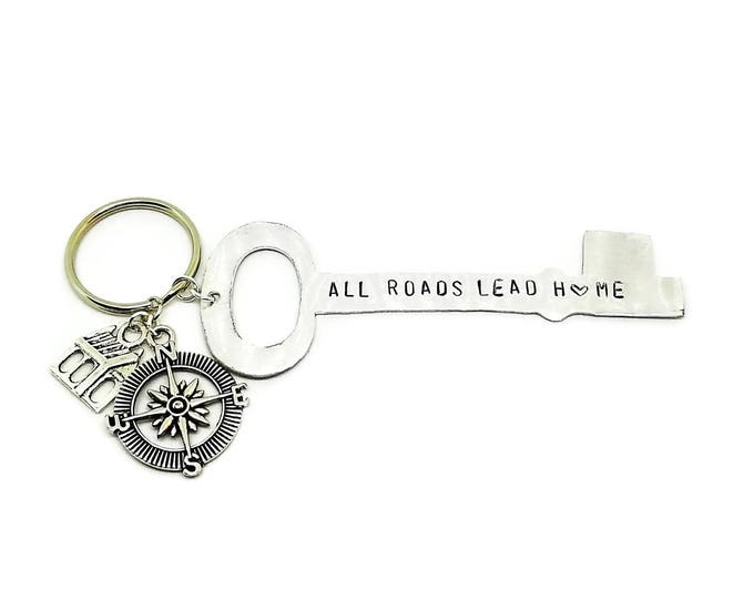 All Roads Lead Home Hand Stamped Key Chain, Key Shaped Keychain, New Home Gift, Realtor Gift, New Driver Gift, Unique Birthday Gift, K001