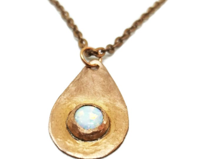 Copper Opal Pendant, October Birthstone, 14th Wedding Anniversary Gift, Lab Created 8 mm Opal Gemstone, Copper Gemstone Necklace