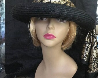 SALE Vintage BETMAR Black Straw Hat with Gold/Black Lame Ribbon / Elegant Black Hat