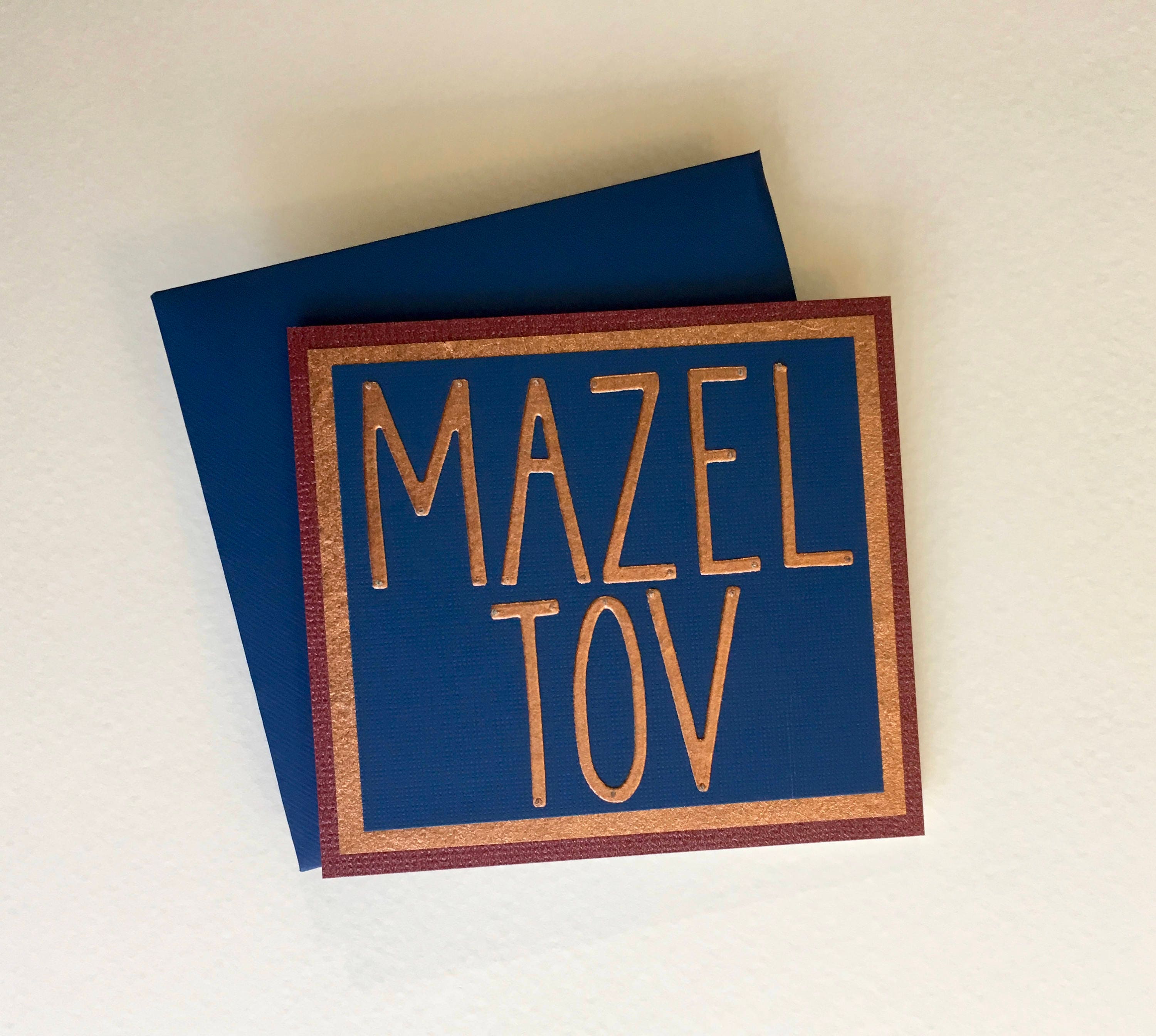 Handmade Miniature Mazel Tov Card Copper and Blue Mazel Tov