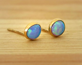 14K Gold Opal Studs | Blue Opal Earrings | Gold Stud Earrings | 14K Gold Earrings | Gold Studs | Tiny Opal Earrings | October Birthstone
