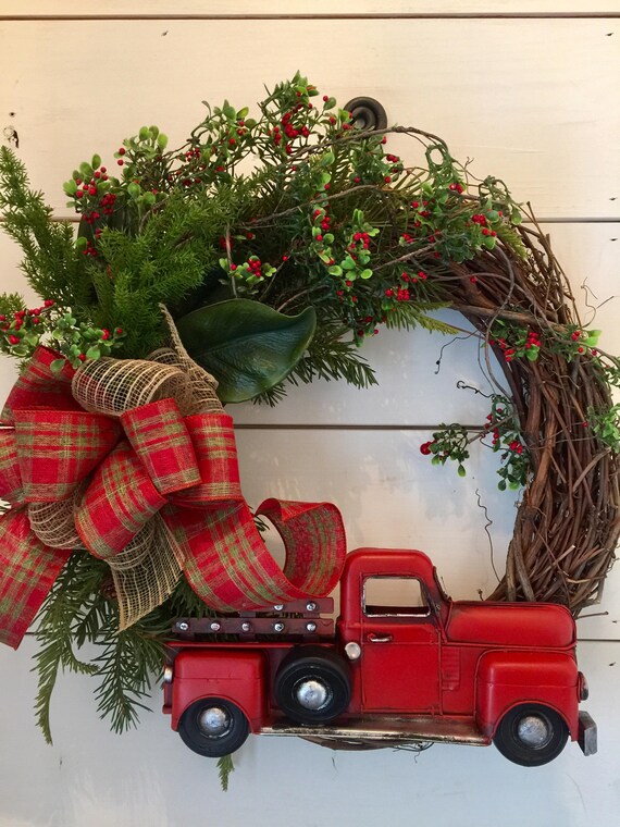 Red truck Christmas wreath Red truck rustic Christmas