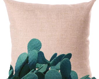 Housse de coussin déco toile de lin et coton beige DESERT CACTUS | Décoration d'intérieur | Salon | Design Tropical | Feuilles VERTES