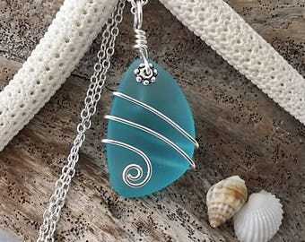 Handmade in Hawaii wire wrapped blue sea glass necklace, Sterling silver chain, gift box.Hawaiian jewelry.Sea glass jewelry. Gift for her.
