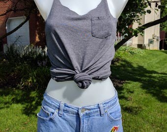 Grey Distressed Tank Top - Knotted Straps - Frocket Top - Racerback Tank Top - Hand Distressed Top