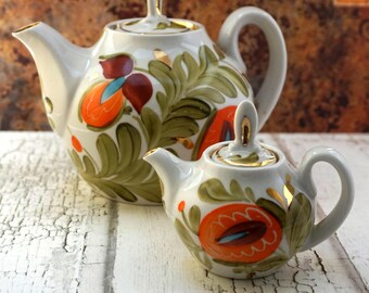 Ceramics kitchen decor Hand painted teapot Rustic decor Tea lover gift Soviet vintage porcelain tea set Vintage kitchen accessories