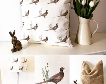 Pheasant print linen cushions and lampshades