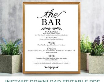Editable Bar Menu Sign | Editable Sign | Drinks Menu Sign | Reception Sign | Alcohol Sign | Wedding Bar Sign | Instant Download