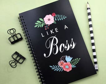 Writing journal, spiral notebook, sketchbook, bullet journal, black and white, floral , blank lined or grid paper - Like a boss