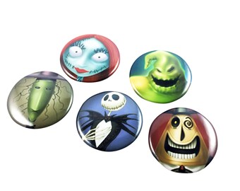 Nightmare Before Christmas Badge Set - Pin Back Buttons Party Favors Supplies Jack Skellington Sally Oogie Boogie Costume Halloween