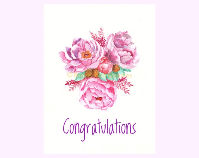 Floral Congratulations Card, Watercolour Flower Print, Peony Bouquet Card, Peony Print, Peony Flowers, Congratulations Wedding Card