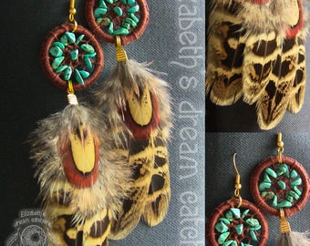 Dreamcatcher earrings Feather earrings natural feather Jewelry Feather jewelry boheme Earring Long dangle earrings brown earrings Turquoise