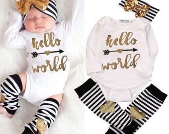 Hello World Onesie, Baby Girl Hello World, Newborn Picture Outfit Girl, Hello World Outfit, Baby Leg Warmers Hello World Newborn Outfit Girl