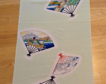 Vintage Mint Green Japanese Chirimen Kimono Fabric with Fan Designs; bulk pieces; cut to order