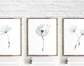 Dandelion Flower Painting, bedroom wall decor, Dandelion flower wall art print set of 3, flowers art, dandelion poster, dandelion wall print