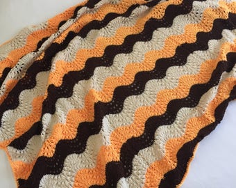 Retro Vintage handmade crochet afghan -orange, tan, brown