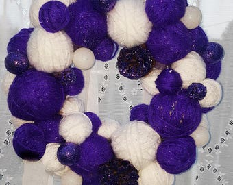 Purple / White Yarn Ball Christmas Door Wreath Chic Christmas Decor Festive