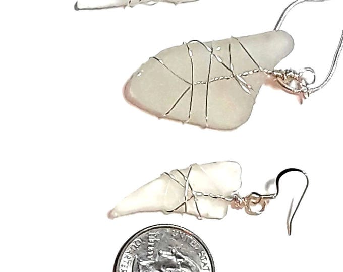 White Authentic Lake Michigan Beach Glass - Wire Wrapped silver artistic wire - For Her - Beautiful Necklace and Earring Set