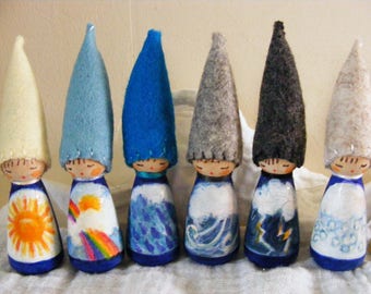 Waldorf Weather Gnomes Hand Painted Wooden Peg Dolls