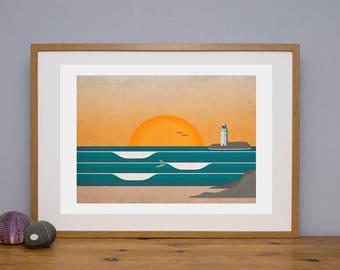 Surf illustration, Godrevy Lighthouse, Picture of surfer, surf wall art, surf poster, surf decor, surf illustration, Cornwall, giclee print