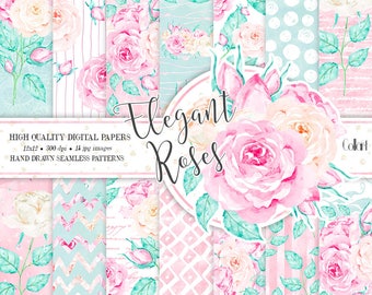 Floral Digital Paper Pack, Hand Drawn Watercolor Roses, Planner Stickers, Seamless Patterns, Watercolor Flowers, Wedding Paper Pack