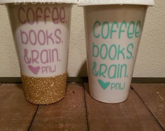 Customizable white ceramic travel mug/ glittered travel mug/ "Coffee, books & rain"