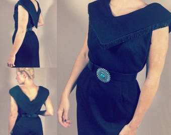 Vintage Black Fringe Collar Wiggle Dress