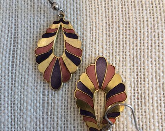Goldtone/Brown and Copper Color Tear/Raindrop Shaped Enamel Pierced Earrings