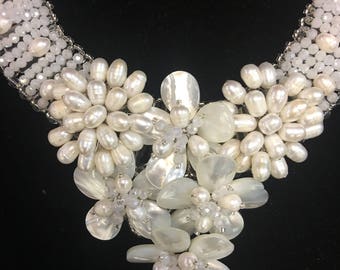 Lovely "Marissa"Cluster Glass Faux Pearl Necklace