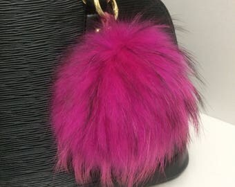 Large Fur Ball Keyring, Fuchsia, Hot Pink Real Genuine Raccoon Fur Pom pom Keyring, Real Fur Poms, Fur Ball, Fur Bobble,Fur Puff,Fur Keyring
