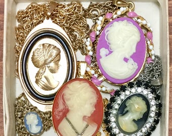 Vintage Costume Jewelry Cameo Necklaces // Set of 5! // Necklace & Pendant Lot