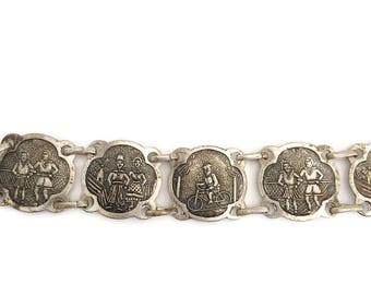 Dutch Souvenir Bracelet, Souvenir of Holland, Silver Tone Souvenir Jewelry, Windmill, Bike Rider, Dutch Country Life, Dutch Clog Dancers