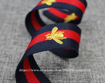 Red Navy Blue 1.5'' Embroidered Ribbon Queen Bee Ribbon Striped Grosgrain Ribbon Single Faced Trim Thick Ribbon Choker Ribbon Belt Trim #R4