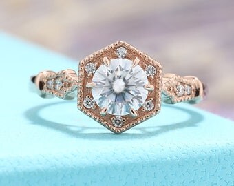Antique Engagement Ring rose gold Vintage Engagement Ring brilliant Moissanite Unique Art deco diamond wedding Ring set Alternative women