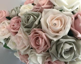 Bridal Teardrop Bouquet Dusty Pink, Blush Grey and ivory Sparkle Center, Bridal wedding artificial foam roses