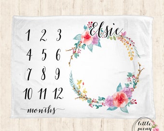Baby Monthly Milestone Blanket - Floral Receiving Blanket Birthday Gift Photo Prop Monthly Milestone Blanket - 30x40, 50x60, 60x80
