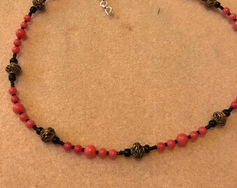 Bronze and Pink/Red Beaded Necklace