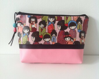trousse à maquillage " Kokeshis " en coton enduit et similicuir rose