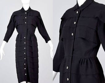 SALE XS 1950s Dress 50s Little Black Dress Mid Century Dress Wasp Waist Dress 50s Party Dress Evening Dress Hourglass Rhinestone Buttons